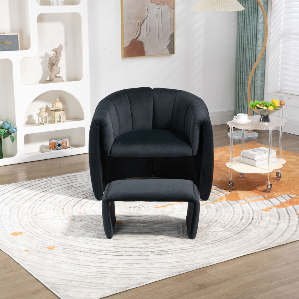 dropship COOLMORE Accent Chair with Ottoman, Mid Century Modern Barrel Chair Upholstered Club Tub Round Arms Chair for Living Room