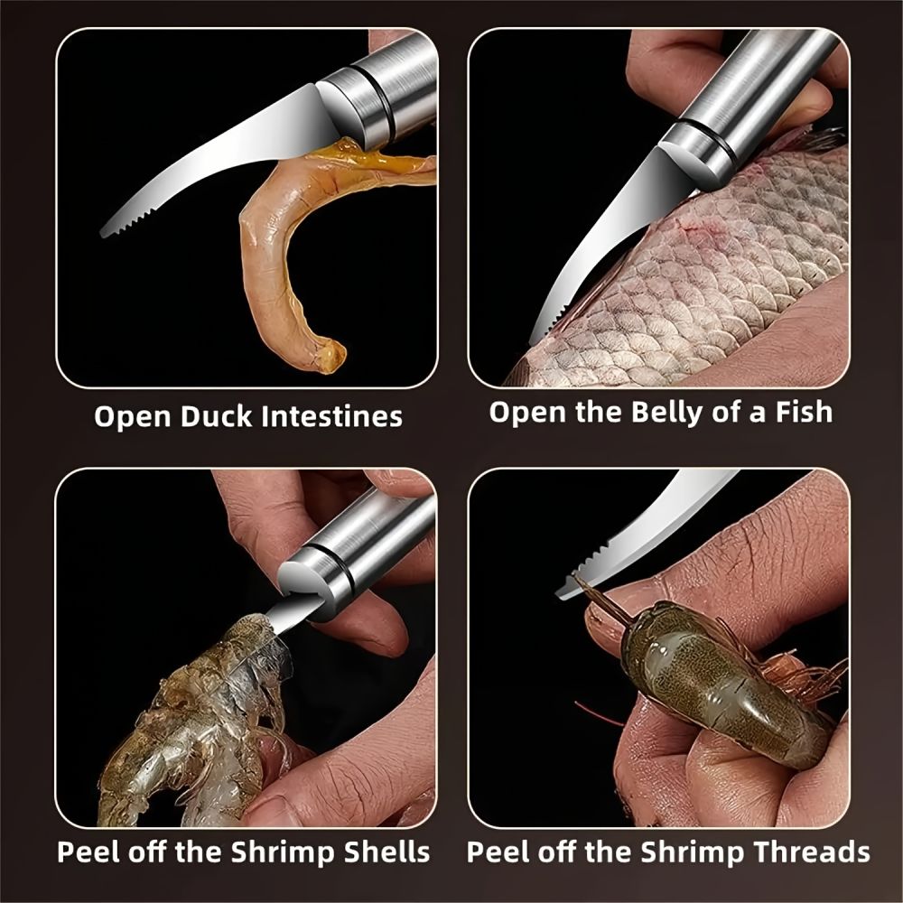 dropship 2pcs; 5 In 1 Multifunctional Shrimp Line Fish Maw Knife; Stainless Steel Portable Shrimp Cleaner Knife; Household Shrimp Line Knife; Fish Scale Planer Seafood Knives Tool For Kitchen