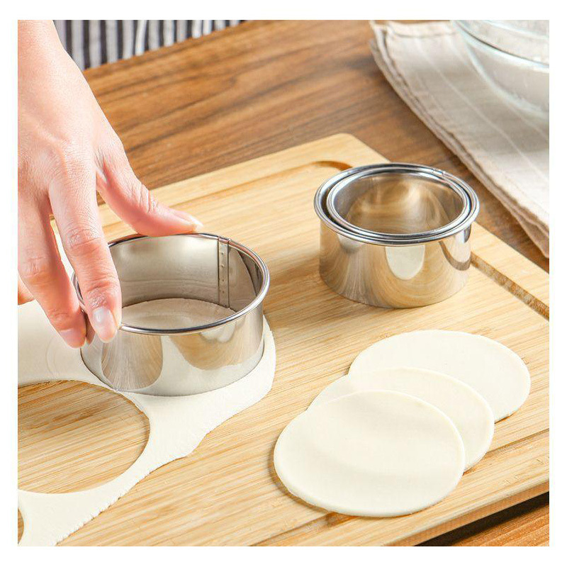 dropship 3pcs/Set; 2.36in/2.76in/3.15in; Stainless Steel Circle Mold & Hand Press Set; Cookie Cutter; Dumpling Press; Cooking Accessories Baking Tools