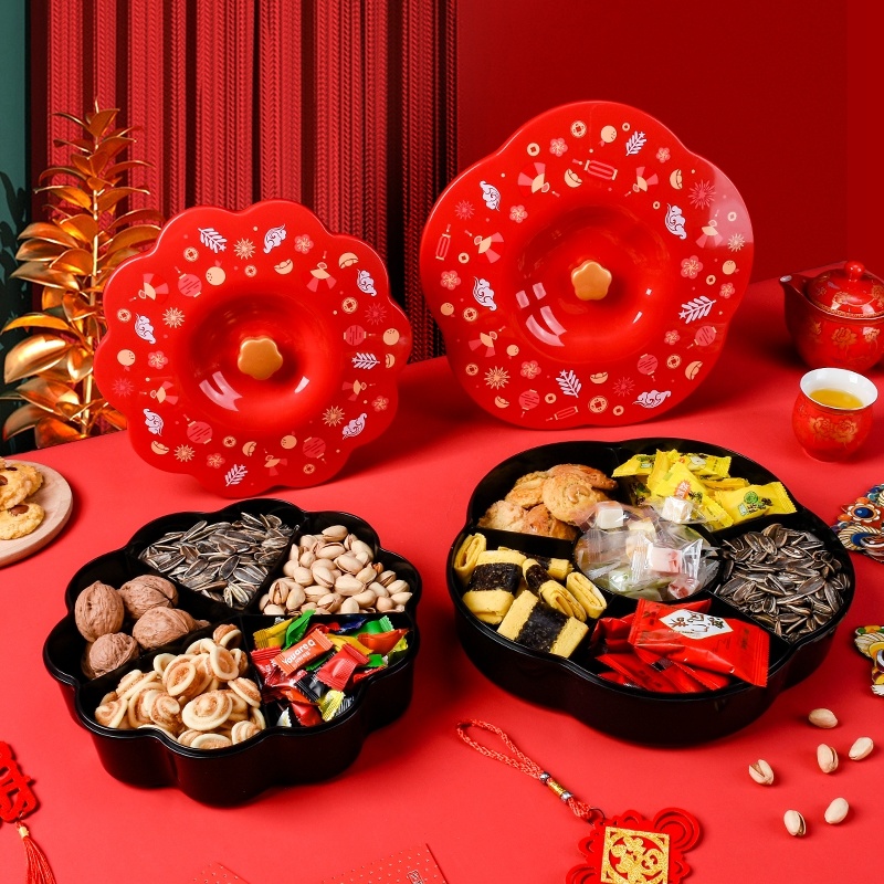dropship 1pc Candy Storage Box Fruit For Chinese New Year; Nuts Tray With Lid; Snacks Organizer Food Container; Spring Festival Desktop Decor