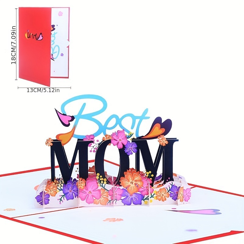 dropship 1pc Greeting Card; With Blank Envelope And Message Card; BEST MOM Pop Up Greeting Card; Colorful Flowers Heart Decor 3D Card; Mother's Day Gift; Theme Party Decor