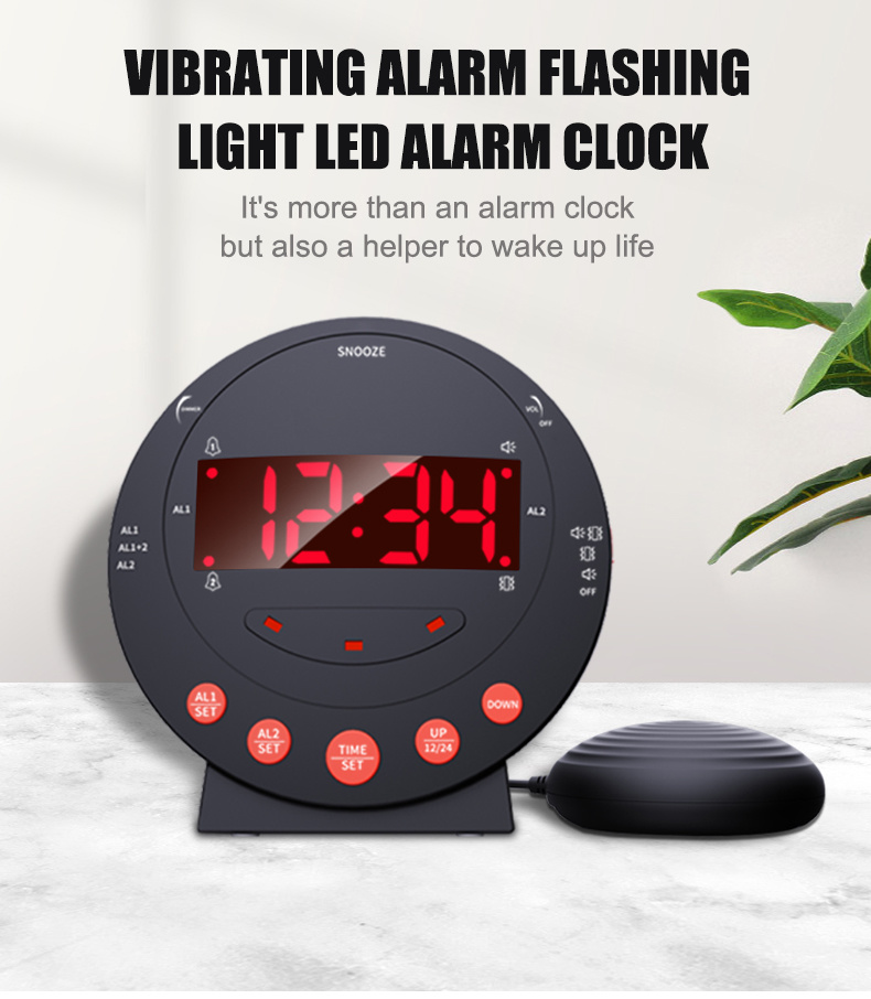 dropship LED Vibrating Loud Alarm Clock Strong Bed Vibration Shaker for Heavy Sleepers Deaf Senior Kids Display Dimmer Snooze USB Charger