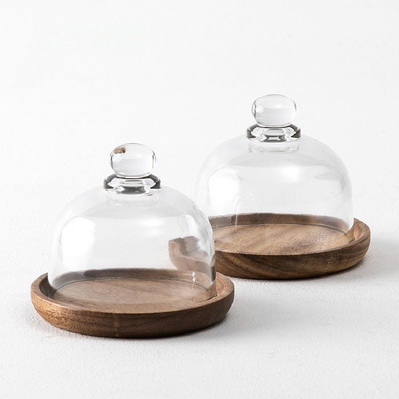 dropship 1pc Pastry Plate WithTransparent Glass Cover; Fruit Plate With Glass Top; Small Circle Wooden Tray With Glass Lid