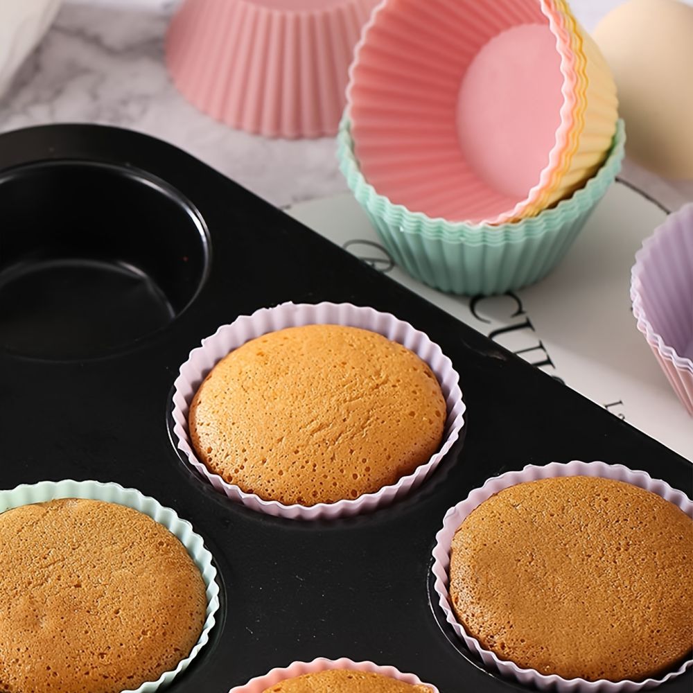 dropship 12pcs Silicone Baking Cups; Reusable Cupcake Liners; Non-stick Muffin Cups; Cake Molds Set; Standard Size Cupcake Holder