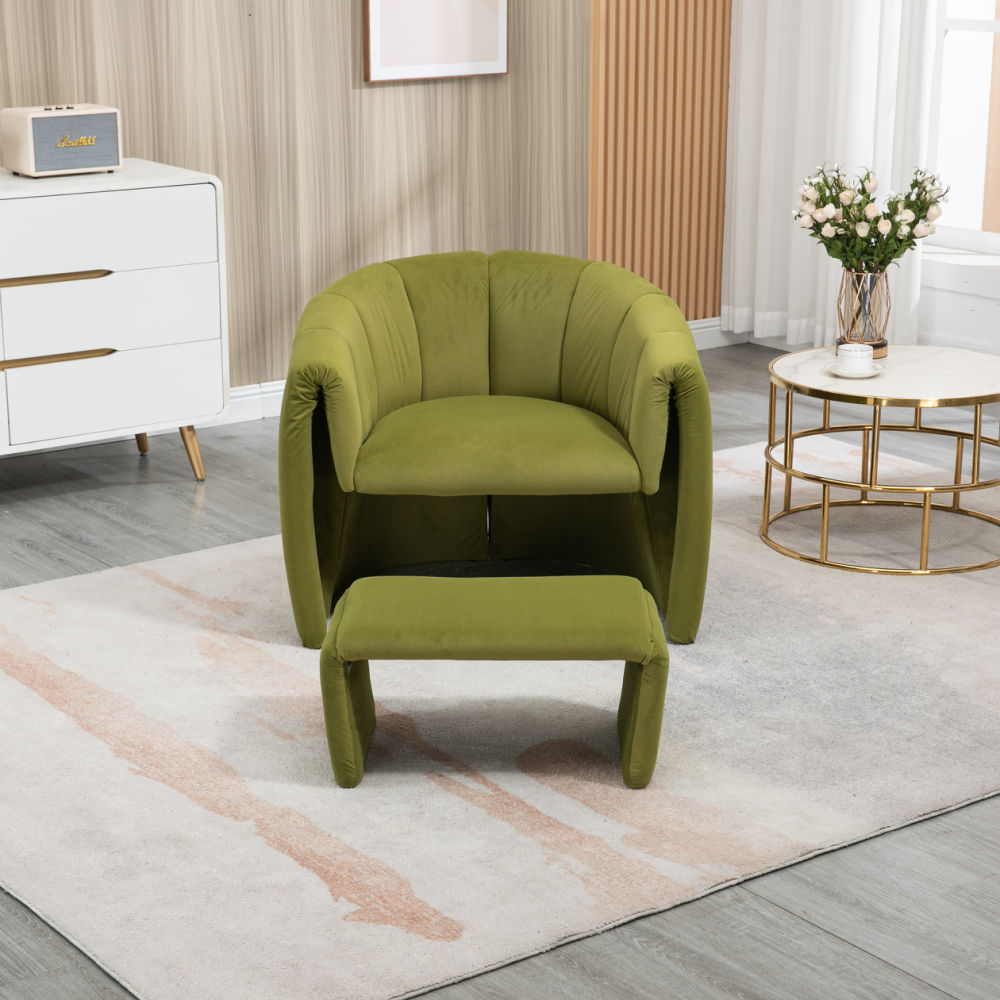 dropship COOLMORE Accent Chair with Ottoman, Mid Century Modern Barrel Chair Upholstered Club Tub Round Arms Chair for Living Room