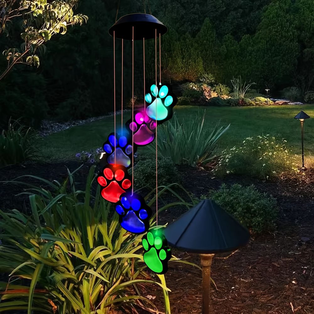 dropship 1pc; Paw Print Solar Wind Chimes For Outside; Dogs Cat Pet Paw Print Remembrance Wind Chimes; Waterproof Color Changing Solar Hanging Lights; Sympathy Gift For Pet Lover; Balcony; Patio; Yard Decor