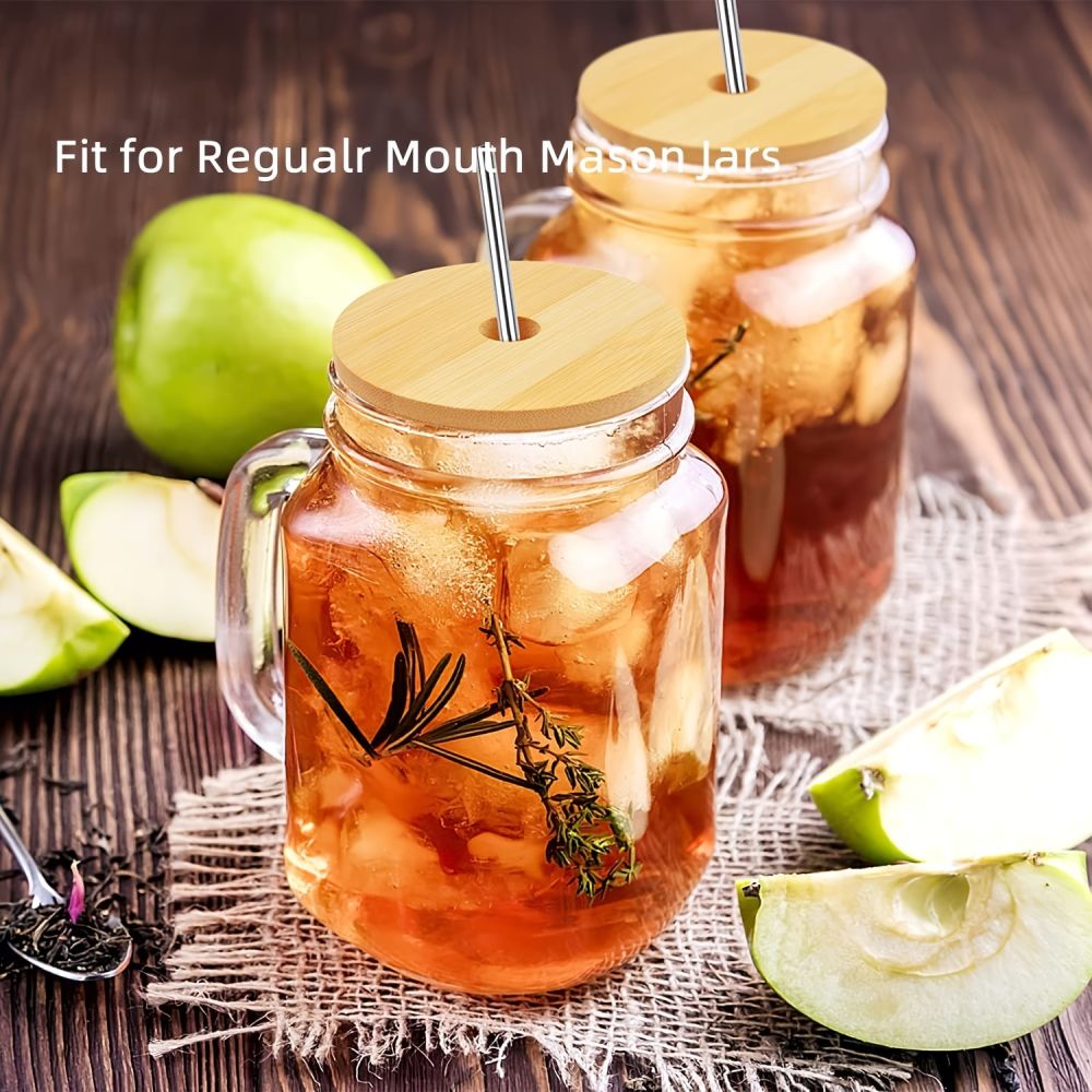 dropship 2/4pcs Bamboo Jar Lids With Straw Hole; Reusable Bamboo Jar Lids; Leak Proof Glass Canning Drinking Storage Jars; Canning Lids With Silicone Ring For Mason Canning Jar