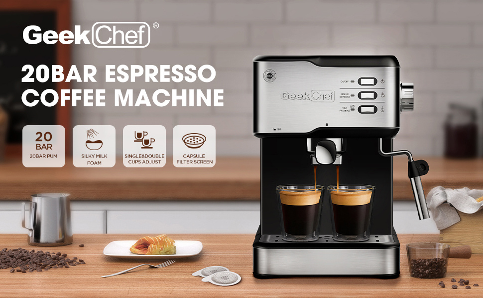 dropship Geek Chef Espresso Machine;  Espresso and Cappuccino latte Maker 20 Bar Pump Coffee Machine Compatible with ESE POD capsules filter;  950W;  1.5L Water Tank(Banned selling Amazon)