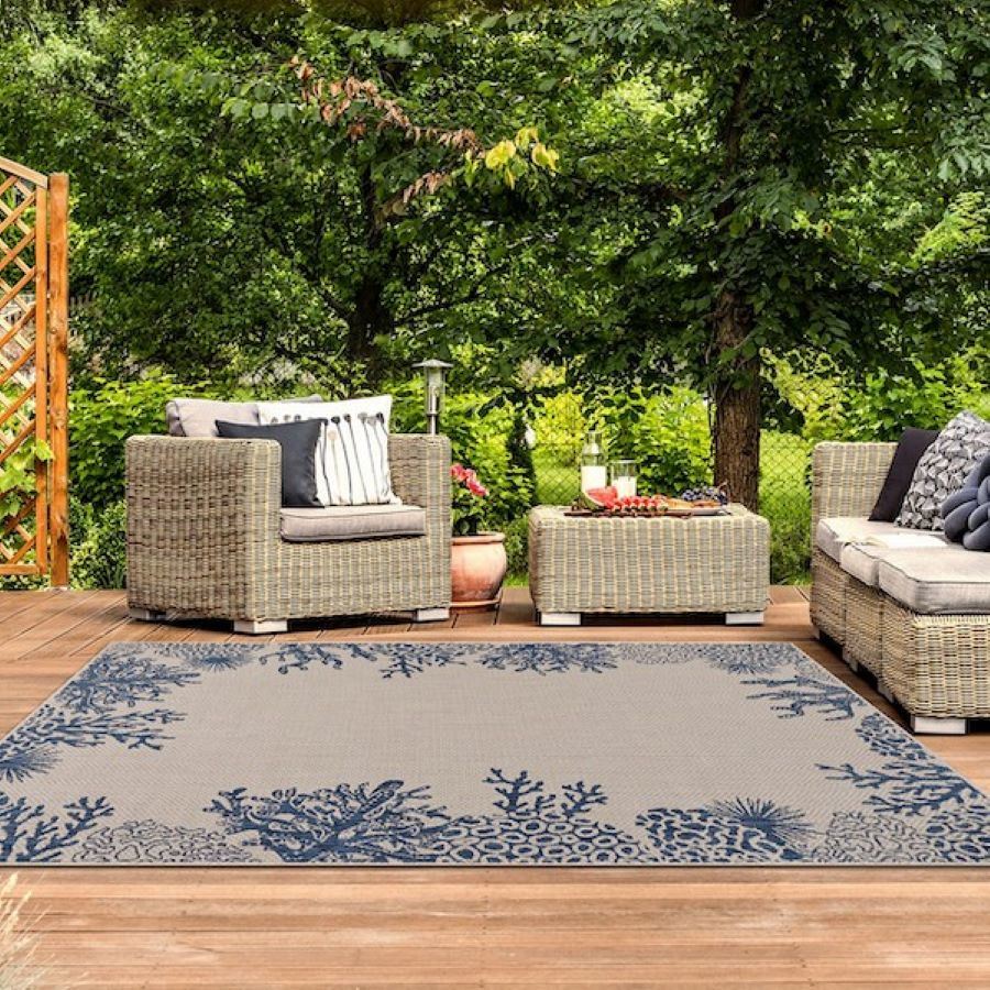 dropship Home Decor Coastal Bordered Coral Reef Indoor/Outdoor Accent Rug