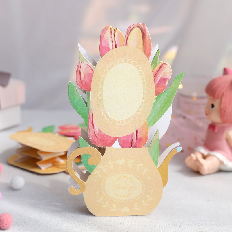 dropship 1pc New 3D Tulip Flower Greeting Card; Birthday Blessing Creative Handmade Paper Carving Ornament Greeting Card For Mom; Message Blessing Card