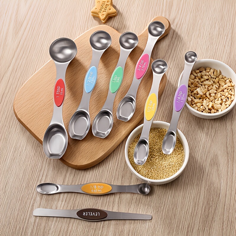 dropship Set Of 8; Magnetic Measuring Spoon Set; Double Sided Stainless Steel Measuring Spoons; Fits In Spice Jars; Stackable Teaspoons; For Measuring Dry And Liquid Ingredients