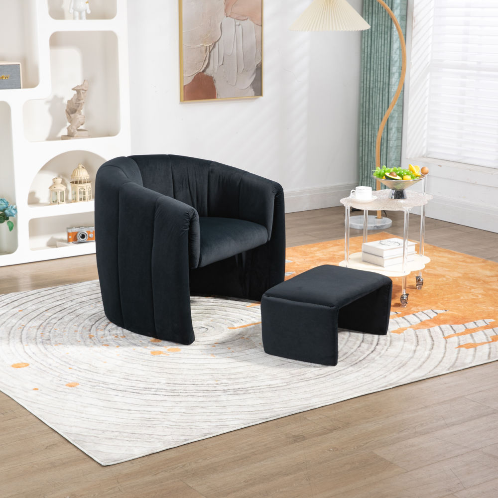 dropship COOLMORE Accent Chair with Ottoman, Mid Century Modern Barrel Chair Upholstered Club Tub Round Arms Chair for Living Room