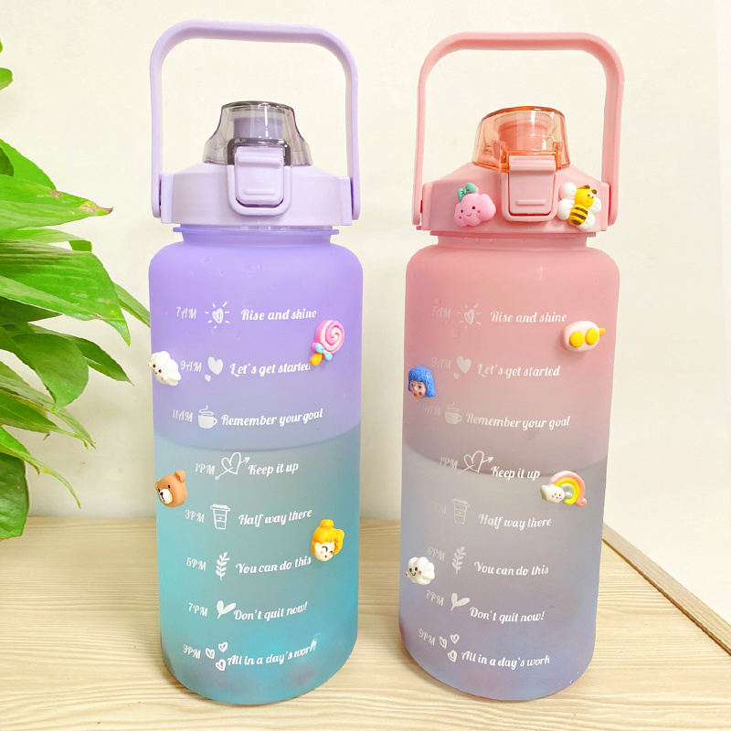 dropship 2L Large Capacity Water Bottle With Bounce Cover Time Scale Reminder Frosted Cup With Cute Stickers For Outdoor Sports Fitness