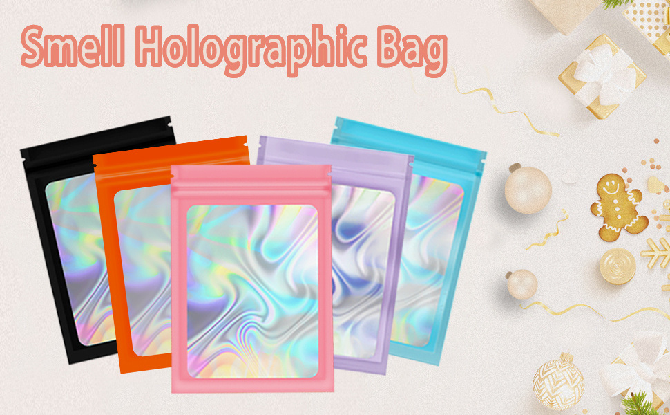 dropship 100pcs; Multicolor Holographic Resealable Storage Bag; Scent Bag; Aluminum Foil Mylar Film Deodorant Flat Clear Window Packaging Bag