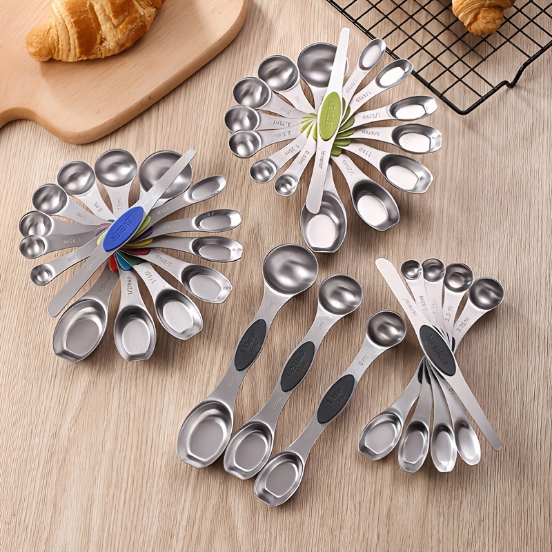 dropship Set Of 8; Magnetic Measuring Spoon Set; Double Sided Stainless Steel Measuring Spoons; Fits In Spice Jars; Stackable Teaspoons; For Measuring Dry And Liquid Ingredients