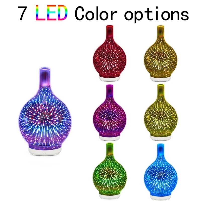 dropship 3D Fireworks Glass Vase Humidifier with 7 Color Led Night Light Aroma Essential Oil Diffuser Cool Mist Maker for Home Office