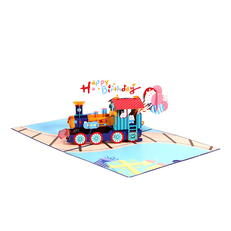 dropship 1pc 3D Birthday Cake Greeting Card; New Train Handwritten Card; Creative Children's Gift; Pop Up Greeting Card; Pop Up Card