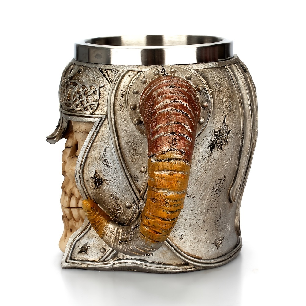 dropship 1pc Horn Cup; Skull Cup; Beer Glass; 3D Viking Skull Beer Mug; Coffee Cup; Stainless Steel Viking Drinking Mug With Double Ram Horn