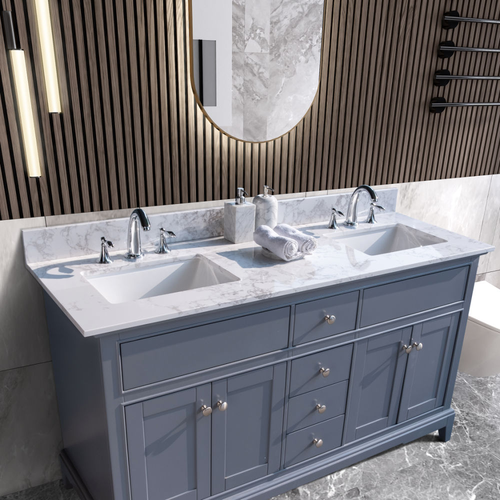 dropship Montary bathroom vanity top stone carrara white new style tops with rectangle undermount ceramic sink and back splash