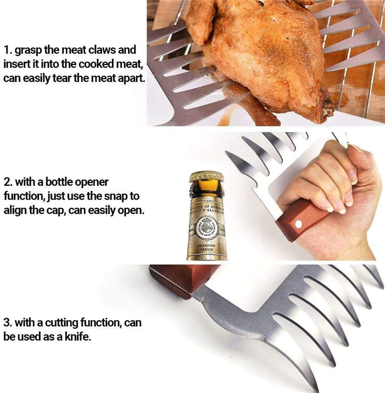 dropship LMETJMA Bear Claws Stainless Steel BBQ Meat Shredder Claws with Wooden Handle Bottle Opener Turkey Chicken Claws KC0423