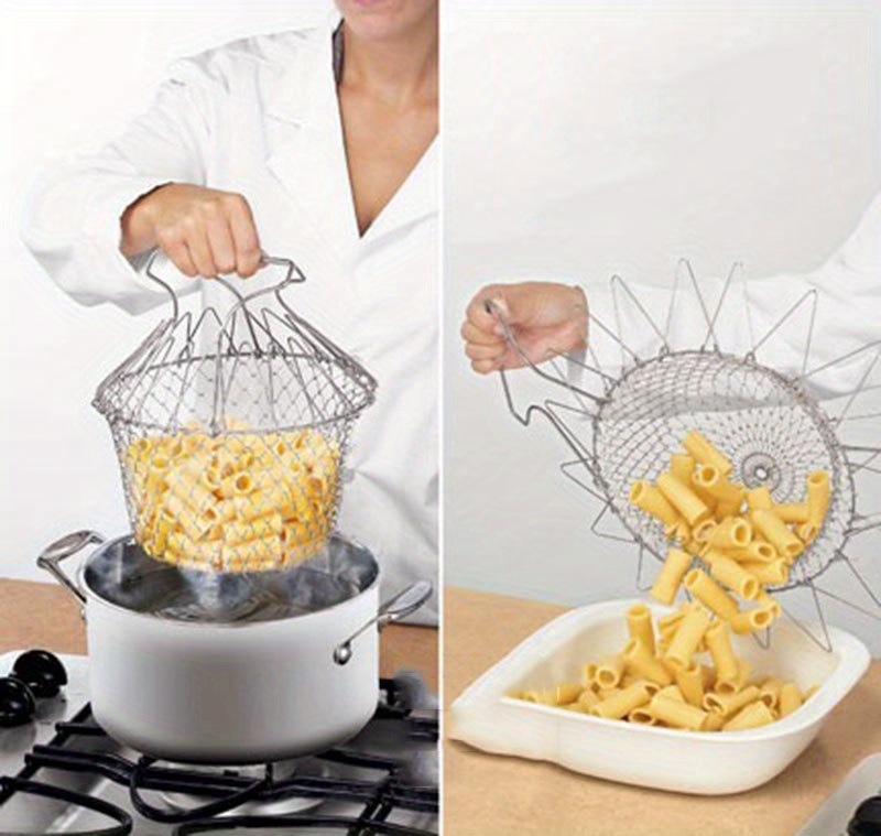 dropship 1pc; Frying Basket; Stainless Steel Frying Basket; Kitchen Foldable Steam Rinse Strain; Household Fry Basket Strainer; Kitchen Cooking Tool For Fried Food