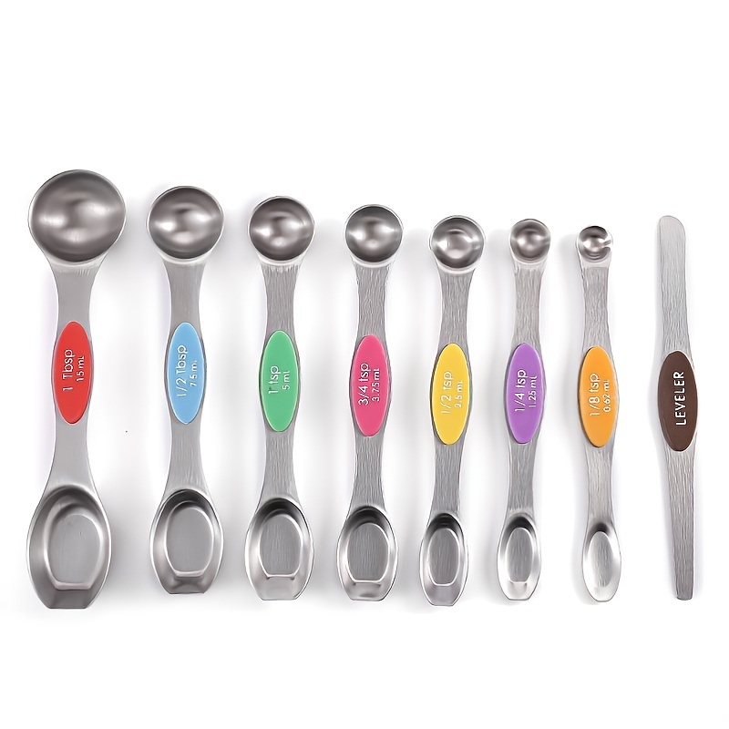 dropship Set Of 8; Magnetic Measuring Spoon Set; Double Sided Stainless Steel Measuring Spoons; Fits In Spice Jars; Stackable Teaspoons; For Measuring Dry And Liquid Ingredients