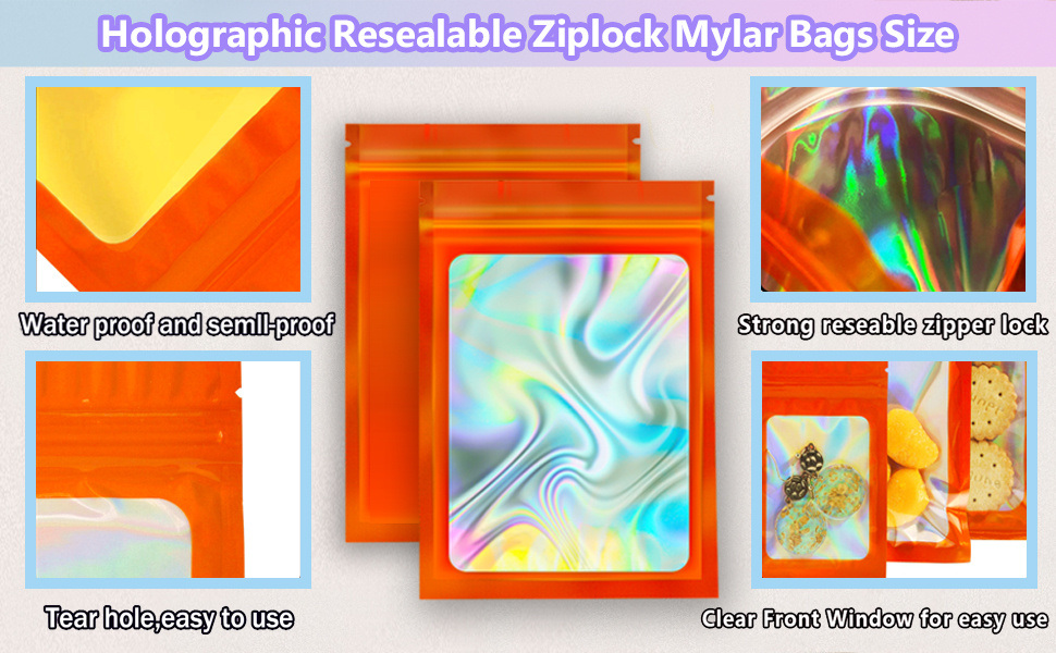 dropship 100pcs; Multicolor Holographic Resealable Storage Bag; Scent Bag; Aluminum Foil Mylar Film Deodorant Flat Clear Window Packaging Bag