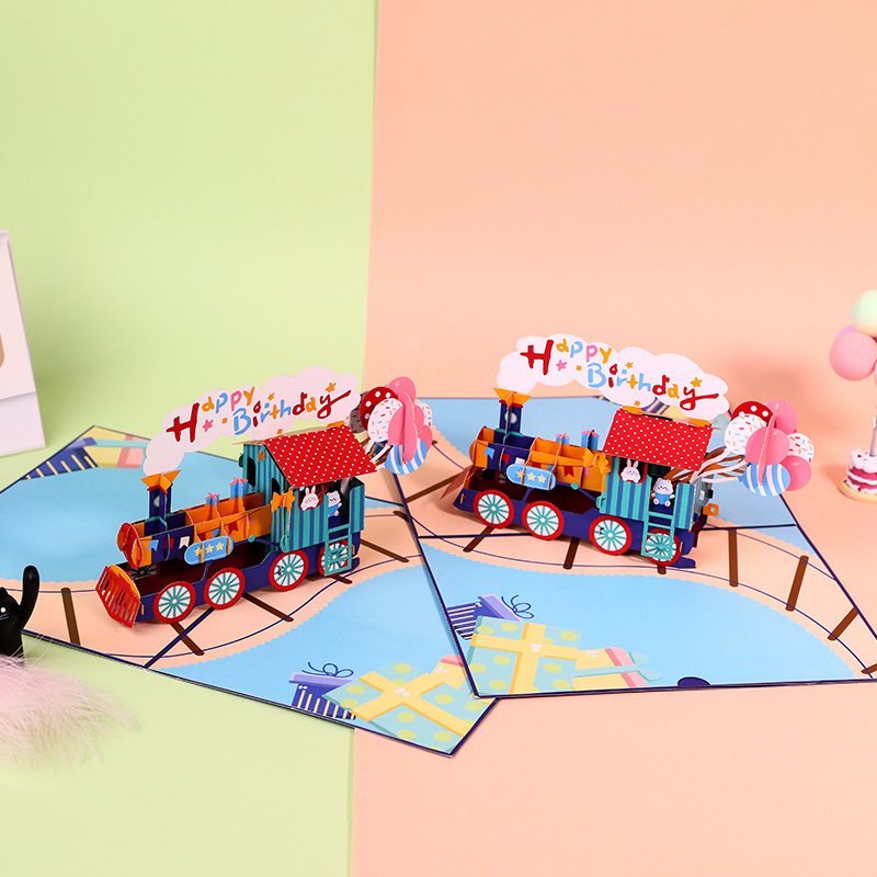dropship 1pc 3D Birthday Cake Greeting Card; New Train Handwritten Card; Creative Children's Gift; Pop Up Greeting Card; Pop Up Card