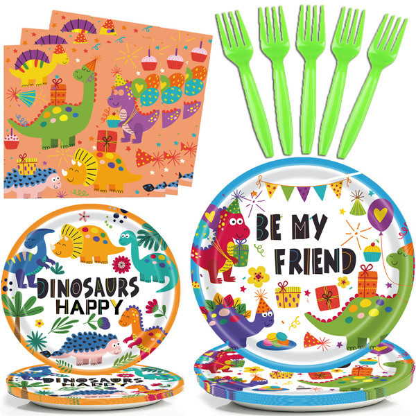 dropship Dinosaur Plates Disposable Paper Plate Party Supplies Pack Birthday Dinnerware Serves 16 for Boy Kids Perfect Tableware Includes Plates; Napkins; Forks 68PCS