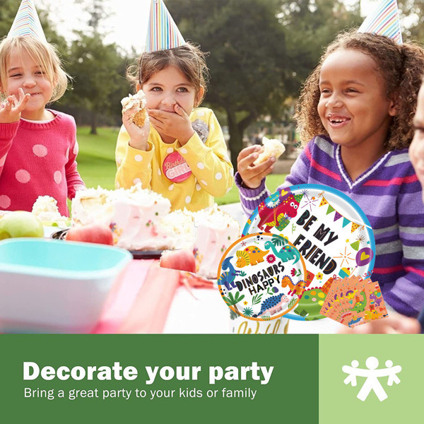dropship Dinosaur Plates Disposable Paper Plate Party Supplies Pack Birthday Dinnerware Serves 16 for Boy Kids Perfect Tableware Includes Plates; Napkins; Forks 68PCS