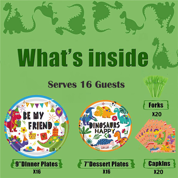 dropship Dinosaur Plates Disposable Paper Plate Party Supplies Pack Birthday Dinnerware Serves 16 for Boy Kids Perfect Tableware Includes Plates; Napkins; Forks 68PCS