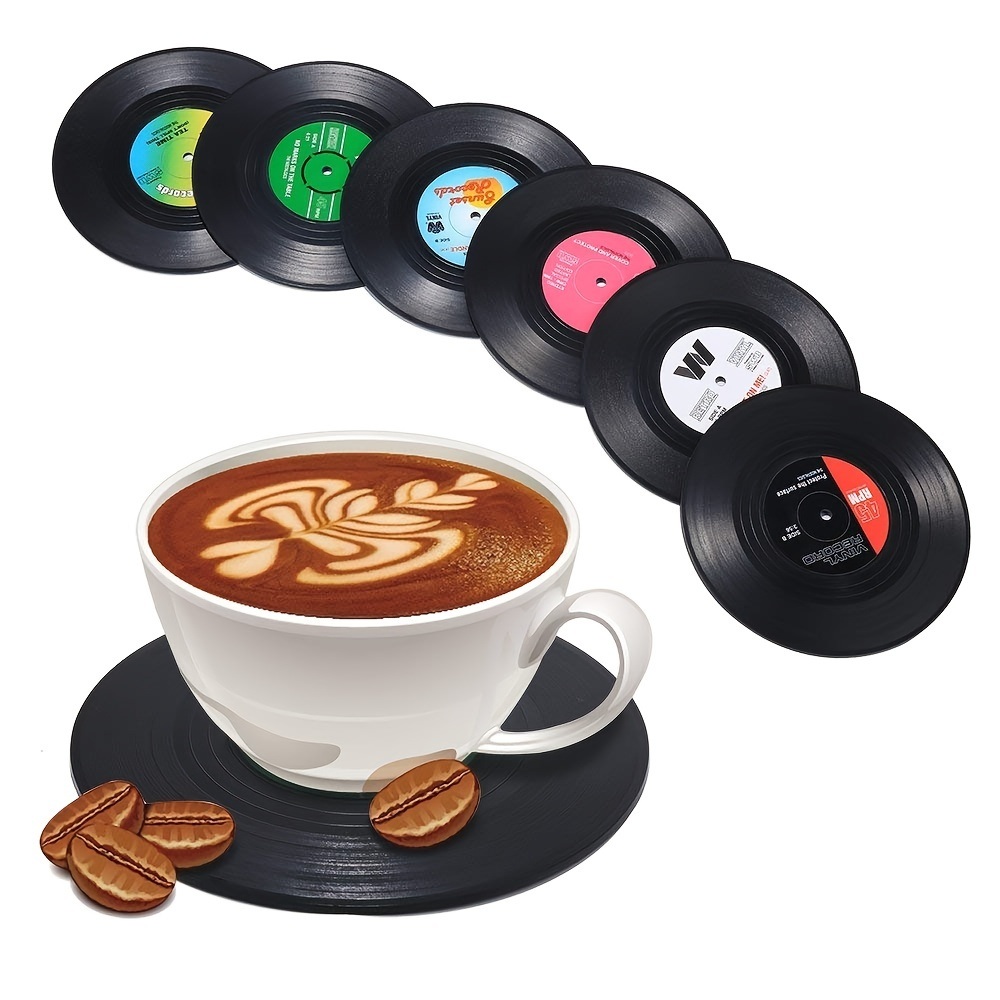 dropship Set Of 6 Colorful Retro Vinyl Record Disk Coasters With Funny Labels-Prevent Furniture From Dirty And Scratched