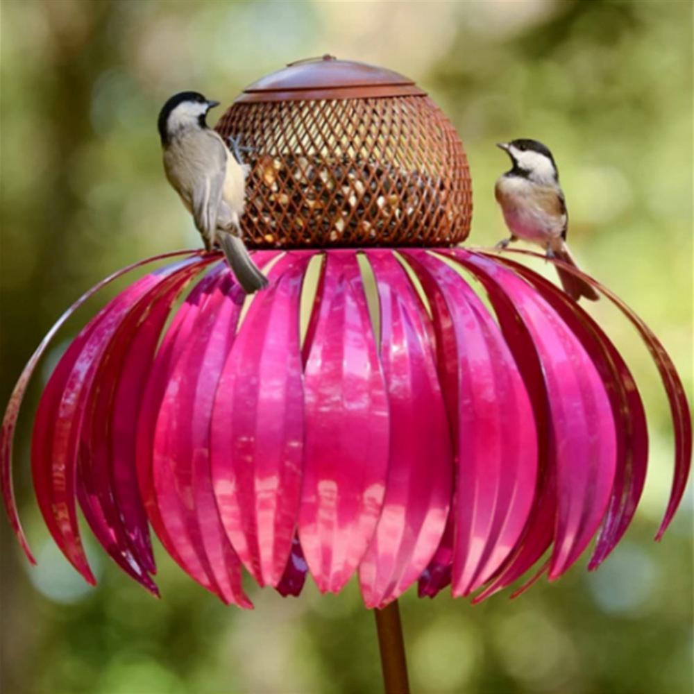 dropship Pink Coneflower Bird Feeder Outdoor Decoration Garden Flower Picaflor Wild Bird Feeder Feeding Outside Rust Resistant Art Metal