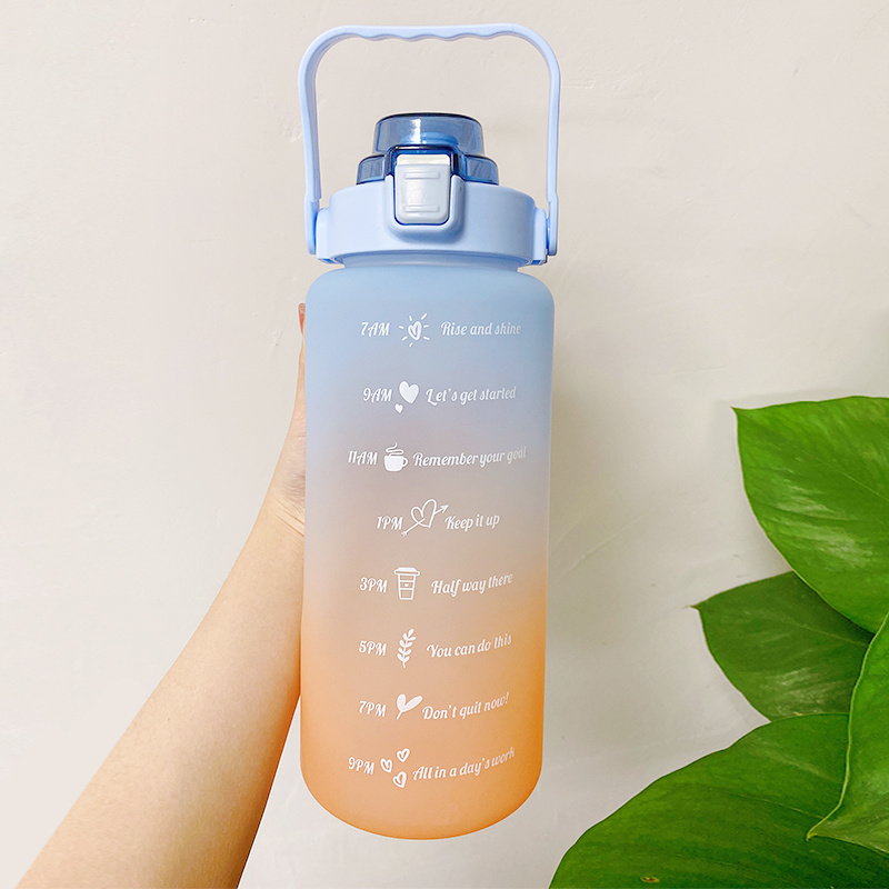 dropship 2L Large Capacity Water Bottle With Bounce Cover Time Scale Reminder Frosted Cup With Cute Stickers For Outdoor Sports Fitness