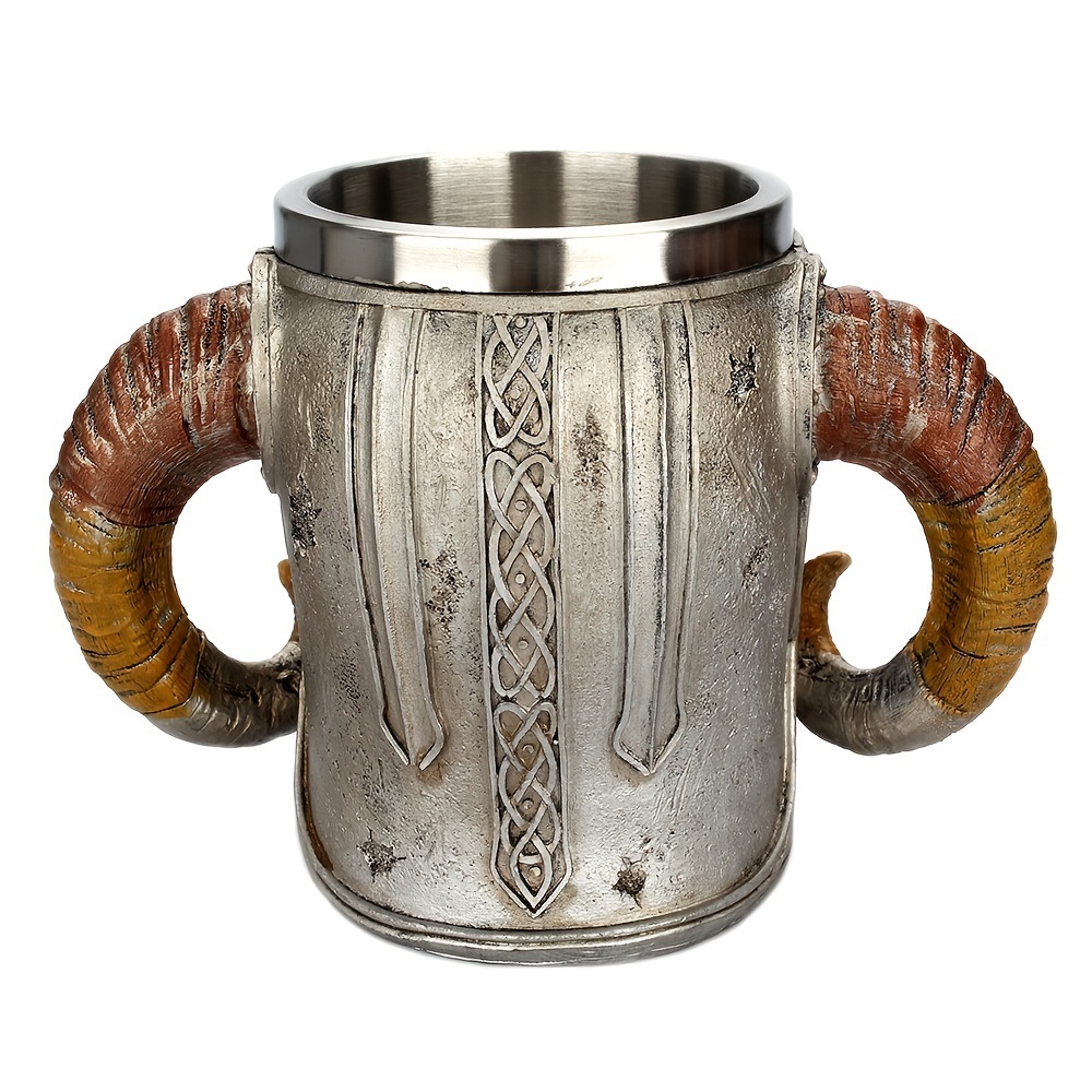 dropship 1pc Horn Cup; Skull Cup; Beer Glass; 3D Viking Skull Beer Mug; Coffee Cup; Stainless Steel Viking Drinking Mug With Double Ram Horn