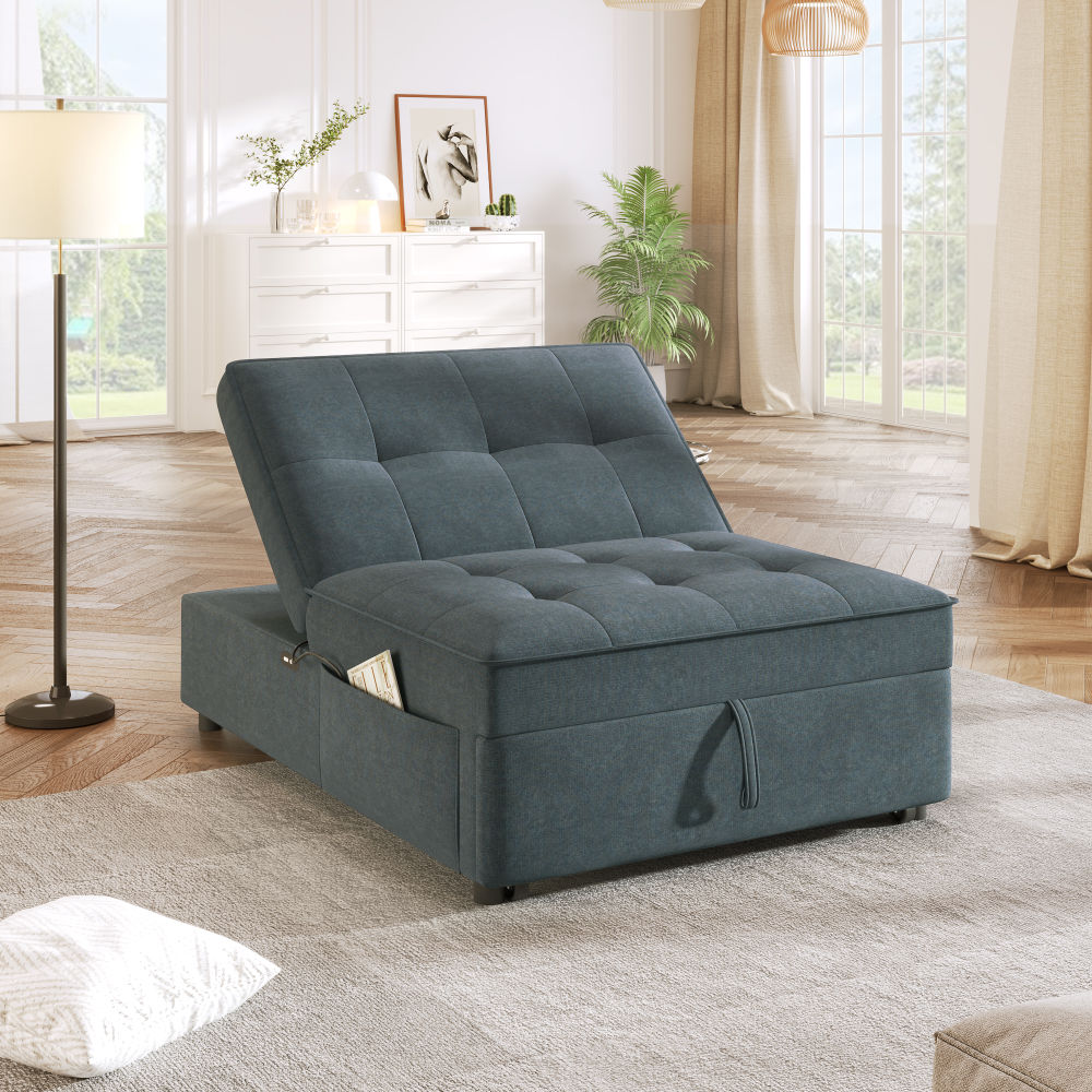dropship 4-in-1 Sofa Bed, Chair Bed, Multi-Function Folding Ottoman Bed with Storage Pocket and USB Port for Small Room Apartment,Living Room,Bedroom,Hallway, Deep Blue