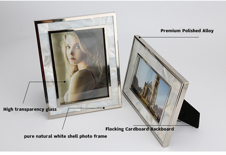 dropship High Quality Home Decoration Metal Shell Photo Frame 3-10 Inch Back Polished Alloy Flocking Wedding Photo Bedside Table Ornament