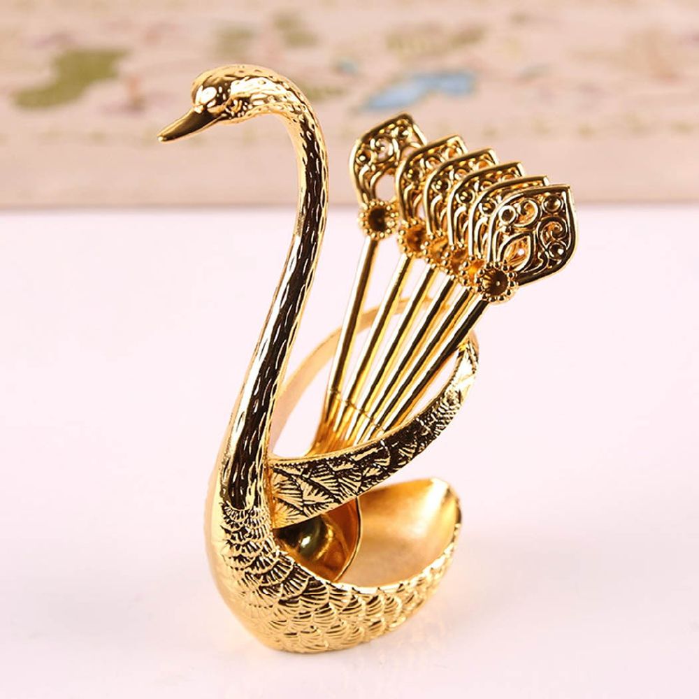 dropship Coffee Spoon Holder For Coffee Bar; 1set Coffee Dessert Spoon Set; Fruit Cake Coffee Tea Spoon; Swan Shaped Base Holder Cutlery Set; Zinc Alloy Metal Tableware