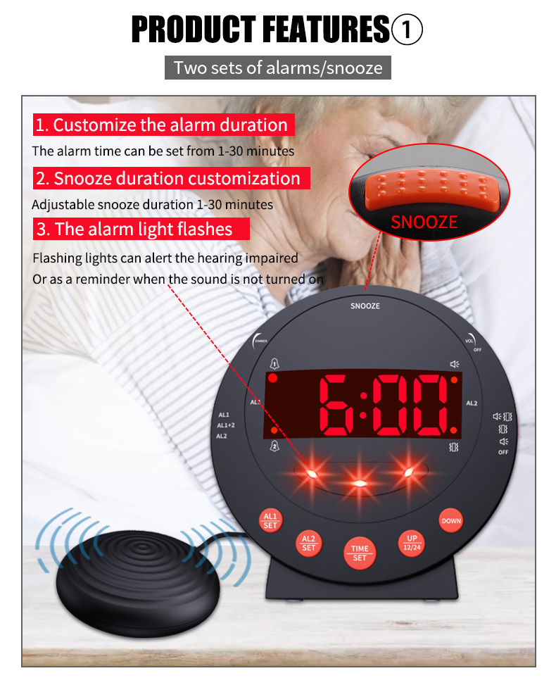 dropship LED Vibrating Loud Alarm Clock Strong Bed Vibration Shaker for Heavy Sleepers Deaf Senior Kids Display Dimmer Snooze USB Charger