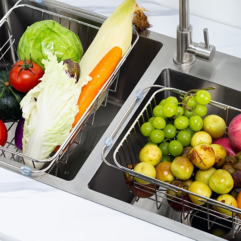 dropship 1pc Drain Rack; Drain Basket; Stainless Steel Kitchen Basket; Home Utensil Holder; Sink Basket; Retractable Sink Rack Suitable For Rectangular Sink Bowl Plate Organizer Storage