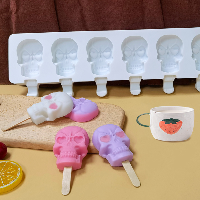 dropship 1pc 6 Skull Ice Cream Silicone Mold; Ice Mold 14.2*4.37inch