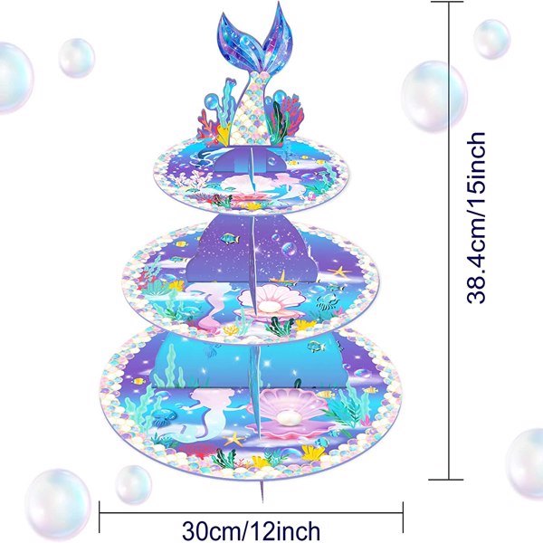 dropship Mermaid Cake Stand Dessert Table Display Set Serving Tray 3-Tier Cardboard Cupcake Stand Holder Tower Round Desserts Pastry Birthday Party Supplies for 12-18 Cupcakes