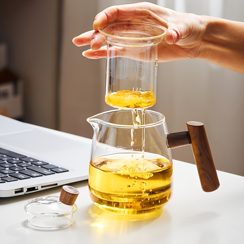 dropship 1pc High Borosilicate Heat-resistant Glass Teapot With Walnut Handle; 530ml/17.9oz; Removable Glass Filter; Transparent Tea Kettle