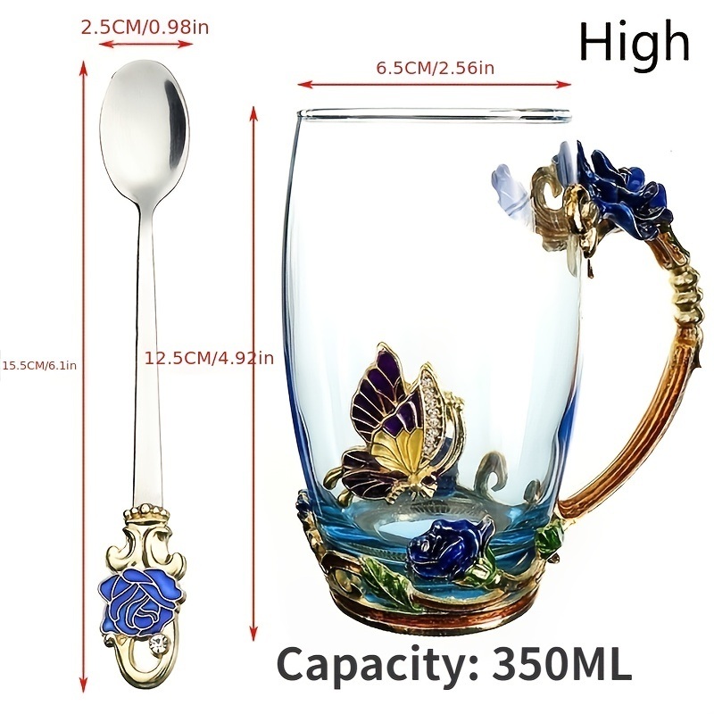 dropship 1pc Rose Enamel Crystal Tea Cup; Coffee Mug; Tumbler Butterfly Rose Painted Flower Water Cups; Clear Glass With Spoon Set