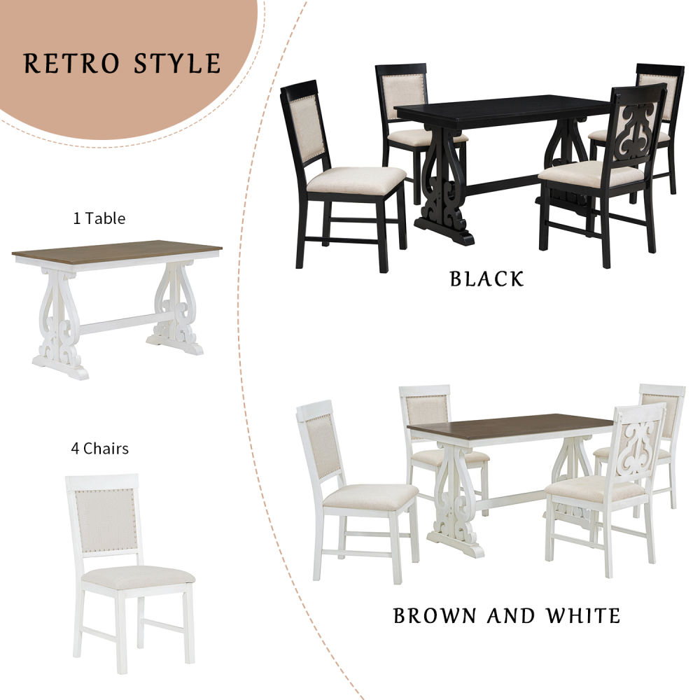 dropship TREXM 5-Piece Retro Dining Set, Rectangular Wooden Dining Table and 4 Upholstered Chairs for Dining Room and Kitchen (Brown+White)