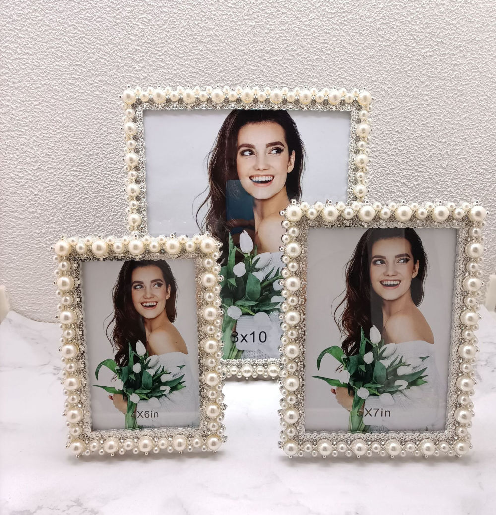 dropship High Quality Metal Photo Frame Pearl European Home Ornament Table Decor Embellished Fashion Bedside Table Living Room Kids Adult