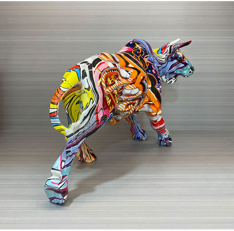 dropship NORTHEUINS Graffiti Painting Resin Bull Figurines Home Living Room Bedroom Office Desktop Feng Shui Ornaments Collection Statues