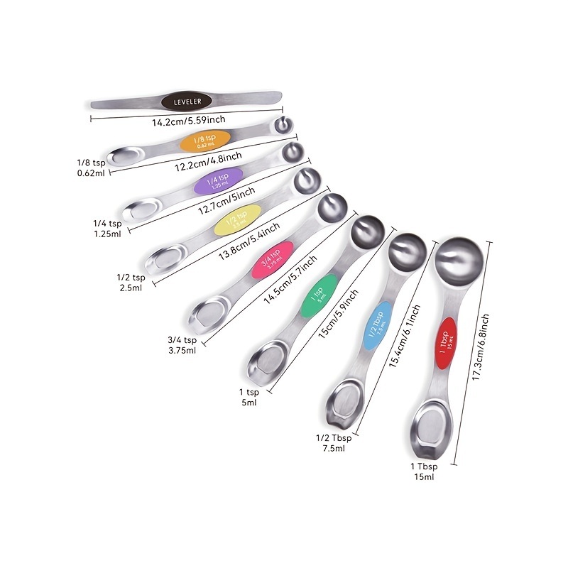 dropship Set Of 8; Magnetic Measuring Spoon Set; Double Sided Stainless Steel Measuring Spoons; Fits In Spice Jars; Stackable Teaspoons; For Measuring Dry And Liquid Ingredients