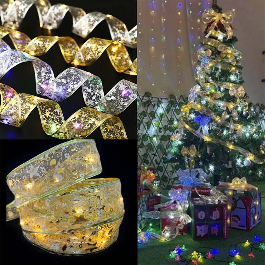 dropship Christmas Decoration LED Ribbon Lights Christmas Tree Ornaments DIY Lace Bows String Light Navidad Home Decoration New Year 2023