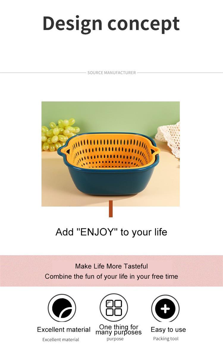 dropship Small Kitchen Double Drain Basket Bowl Washing Storage Basket Strainers Bowls Drainer Vegetable Cleaning Tool